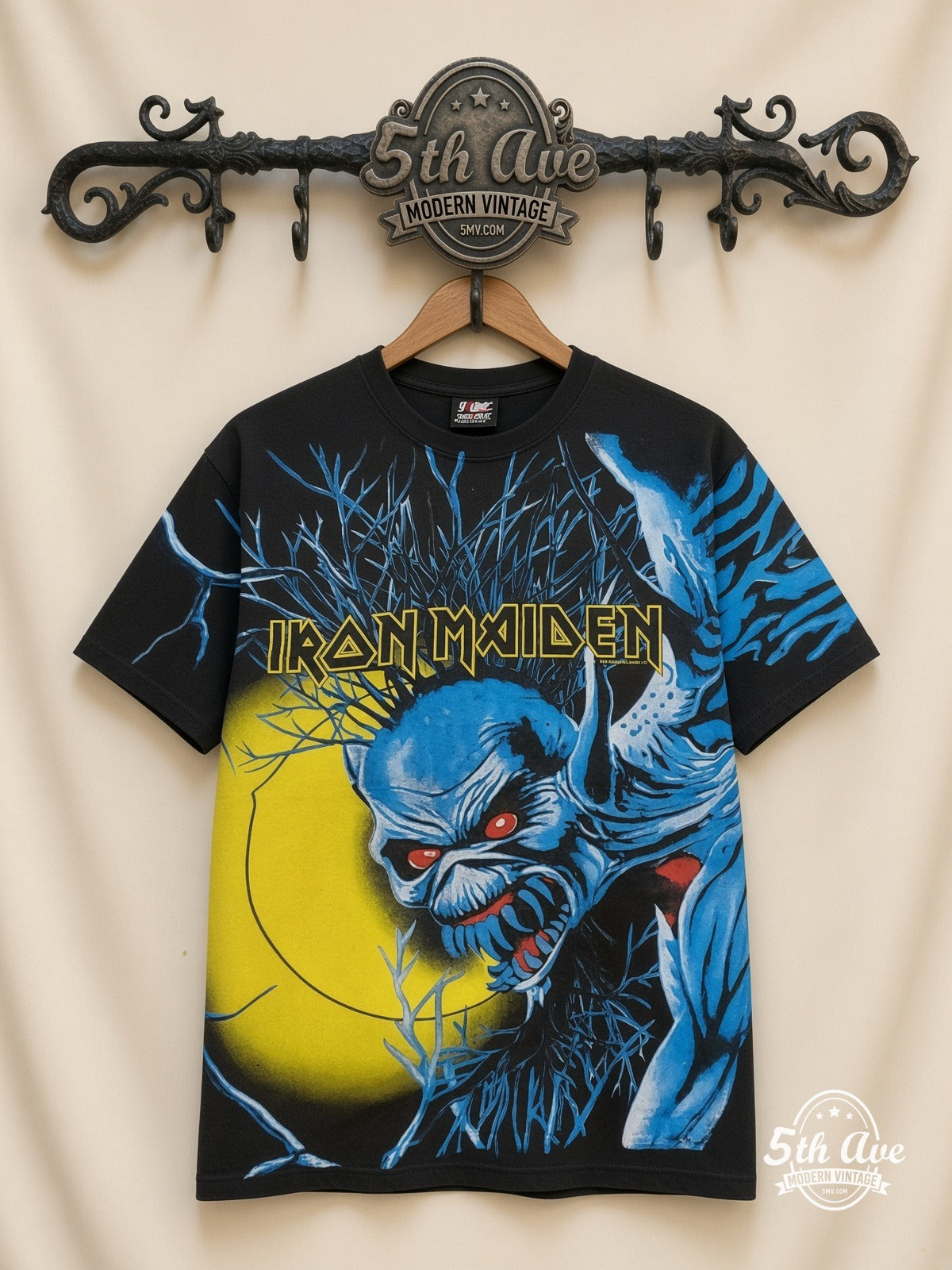 Iron Maiden Fear of the Dark Moon Claw all over print vintage band t-shirt front on cream 5th Ave rack