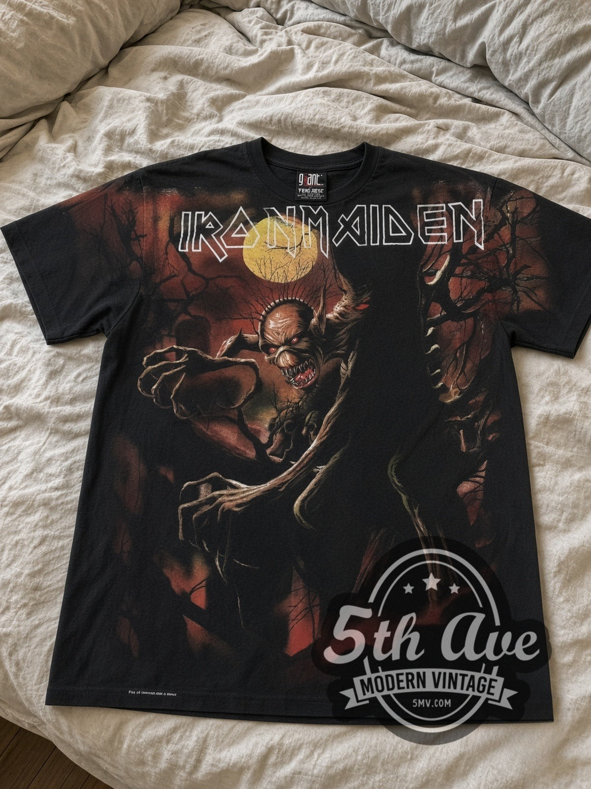 Iron Maiden Fear of the Dark Tree Eddie Black all-over-print vintage band tee laid flat