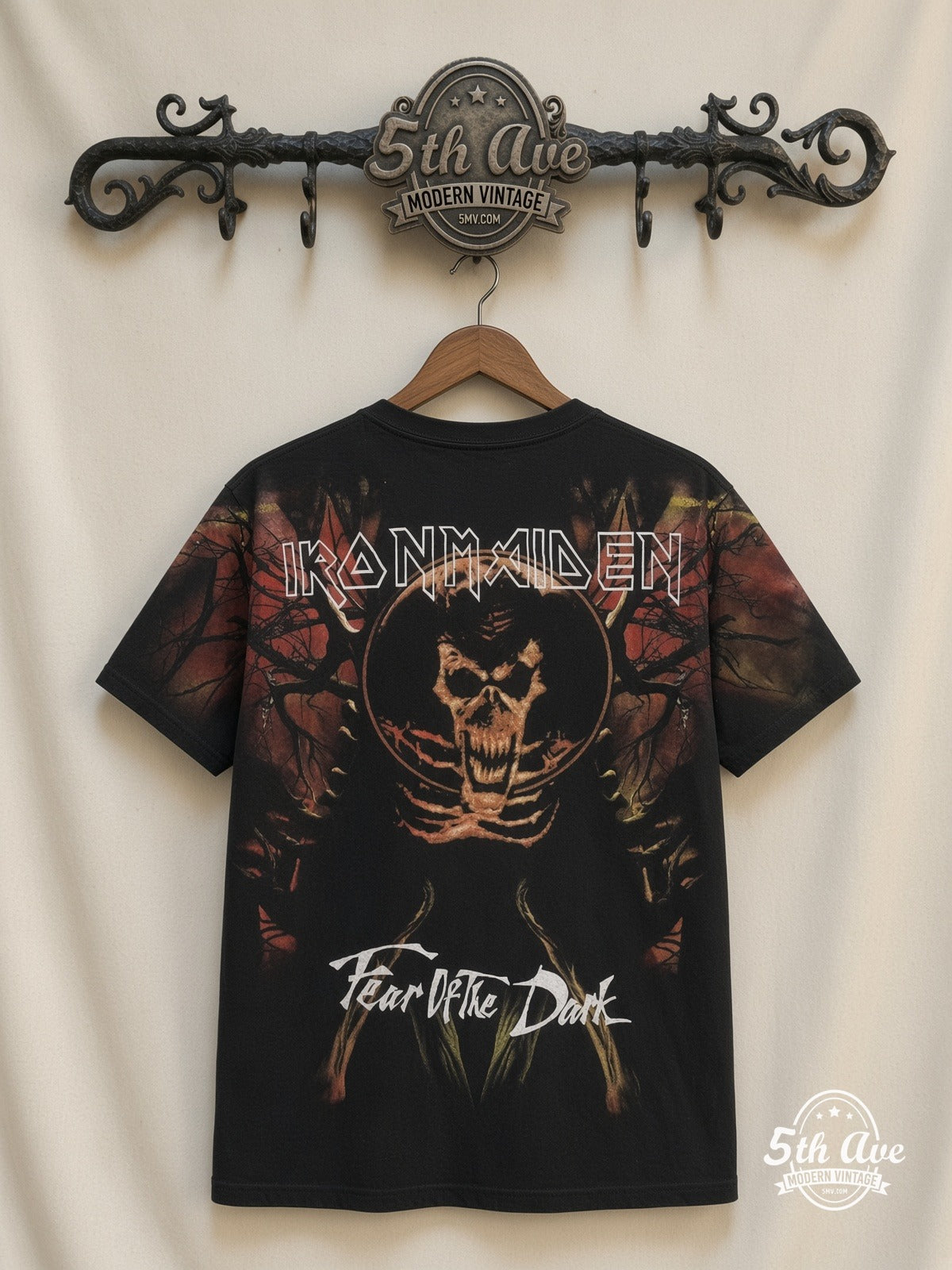 Iron Maiden Fear of the Dark Tree Eddie Black all over print vintage tee back on cream 5th Ave rack