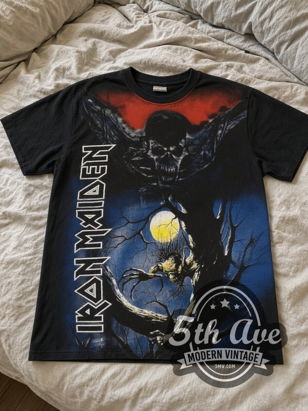 Iron Maiden Fear of the Dark Vertical Wordmark all-over-print vintage band tee laid flat