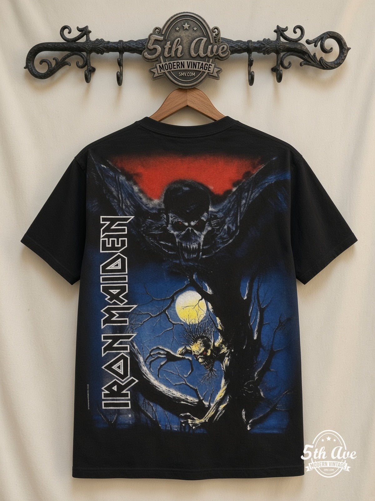 Iron Maiden Fear of the Dark Vertical Wordmark all over print vintage tee back on cream 5th Ave rack