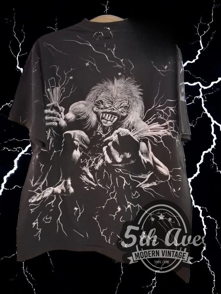 Model wearing the Iron Maiden Eddie Overprint vintage band t-shirt, photo 3