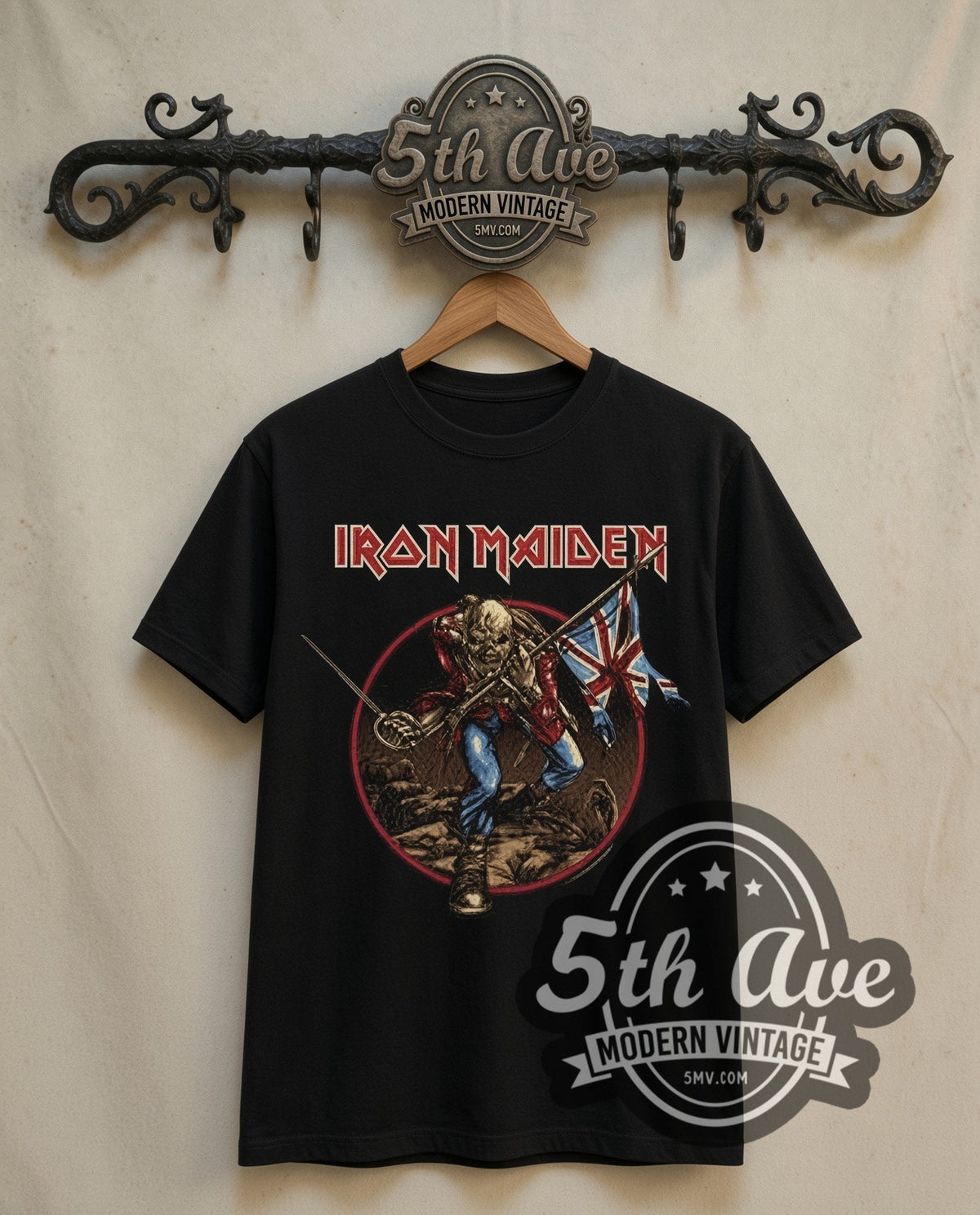Iron Maiden The Trooper Eddie with Union Jack double stitched black tee front on dark iron 5th Ave rack
