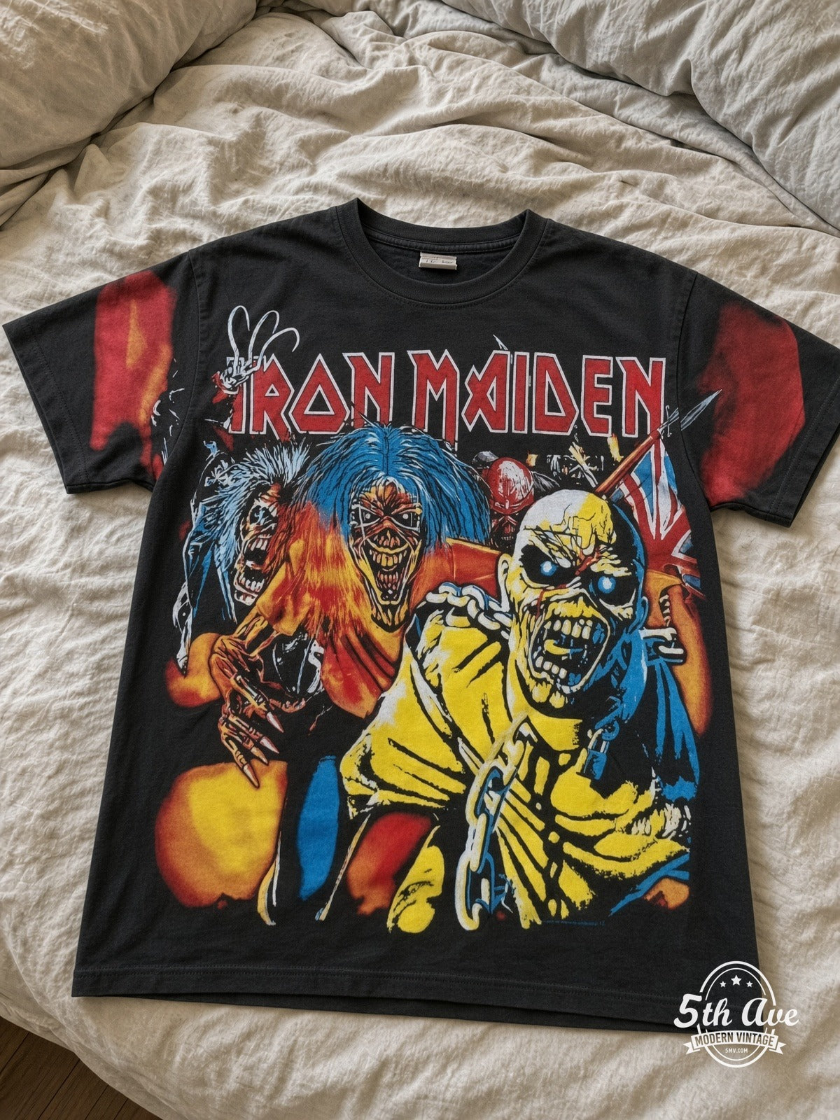 Iron Maiden Trooper Eddie all-over-print vintage band tee laid flat