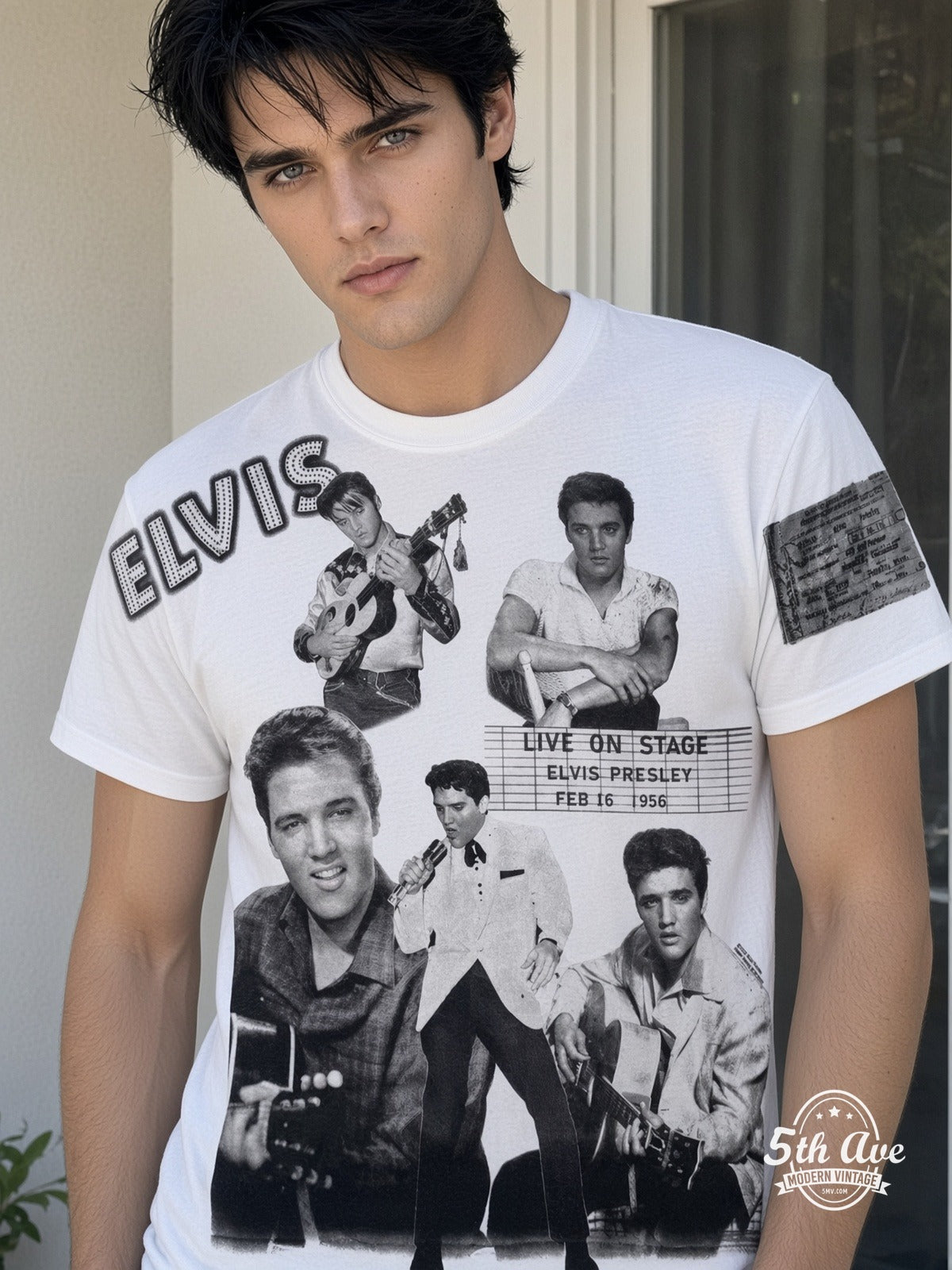 James Dean Portrait Collage B&W all over print vintage tee model wearing