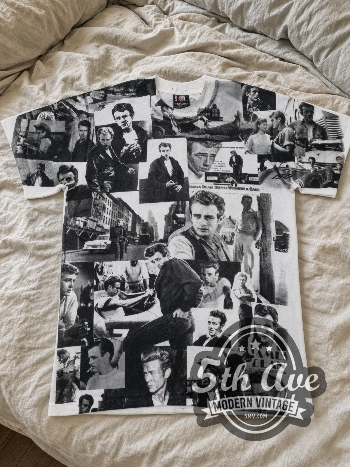 James Dean Portrait Collage B&W all-over-print vintage graphic tee laid flat