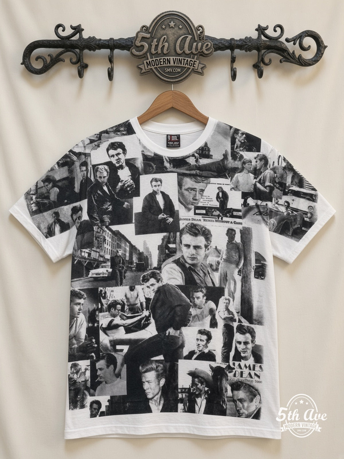 James Dean Portrait Collage B&W all over print vintage graphic tee front on cream 5th Ave rack