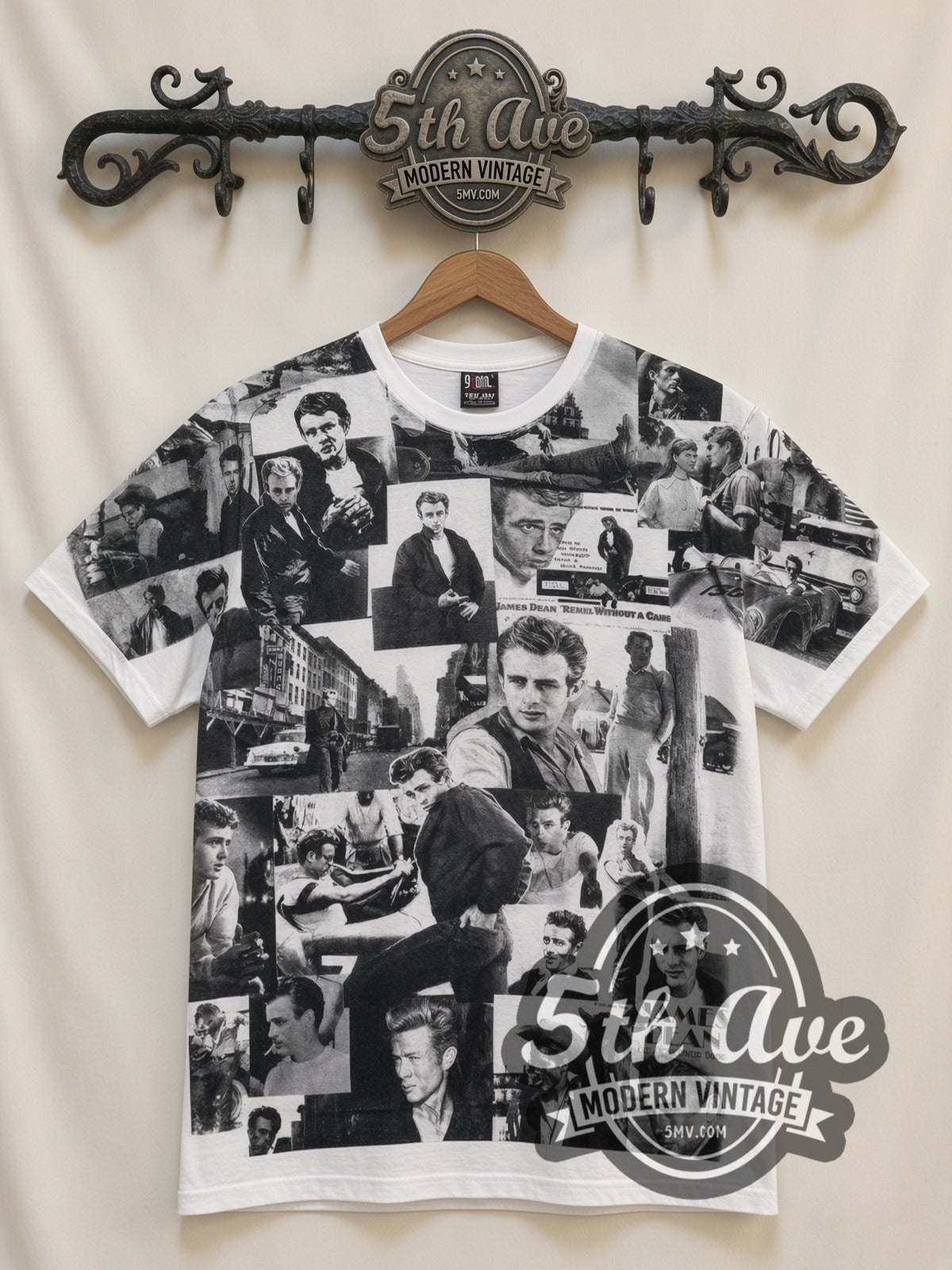 James Dean Portrait Collage B&W all-over-print vintage graphic tee in white, front view on a display rack
