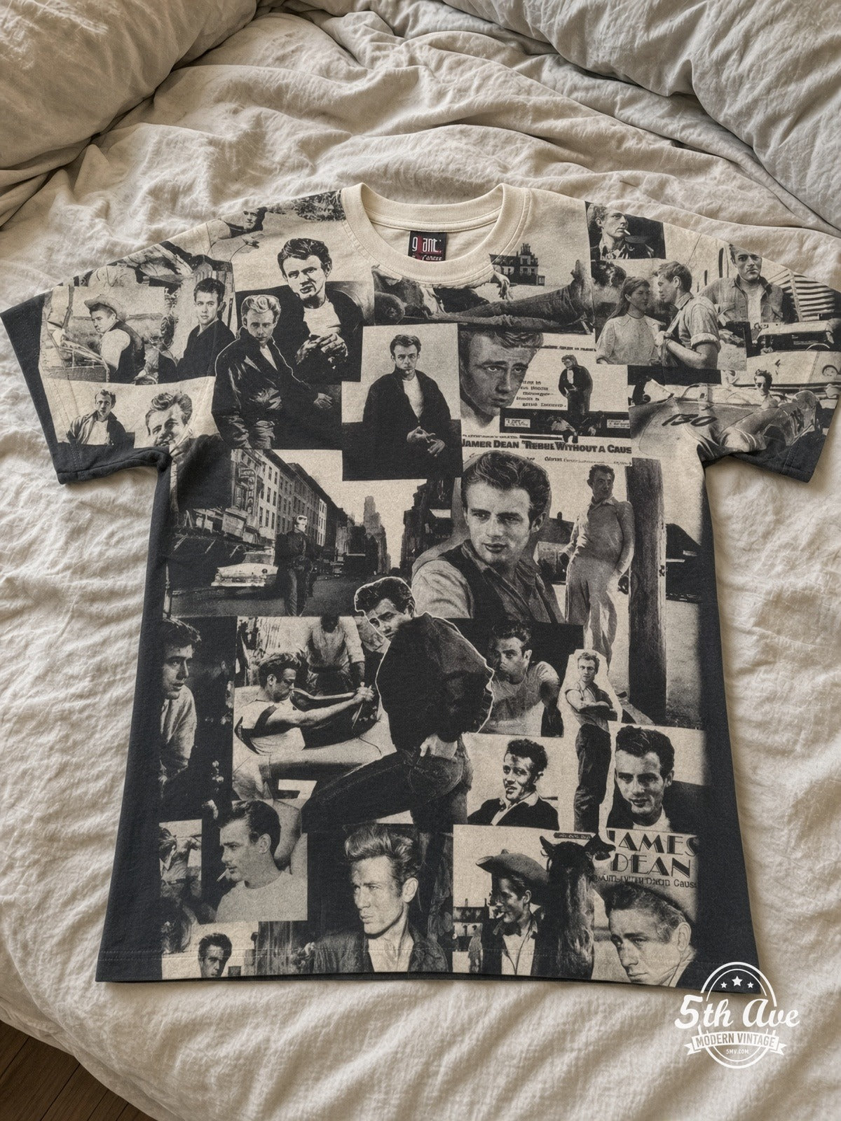 James Dean Portrait Collage Sepia all over print vintage tee laid on bed