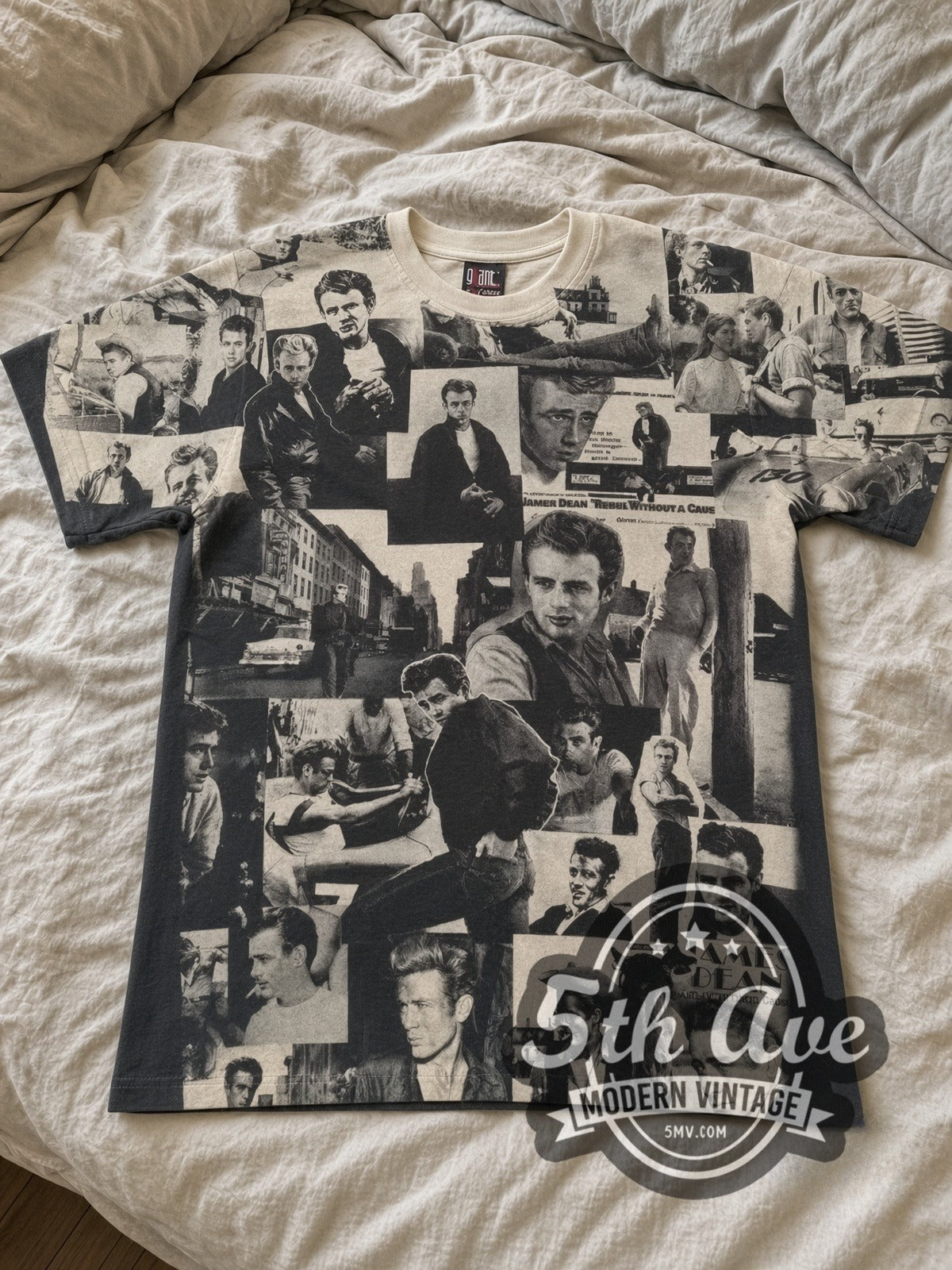 James Dean Portrait Collage Sepia all-over-print vintage graphic tee laid flat