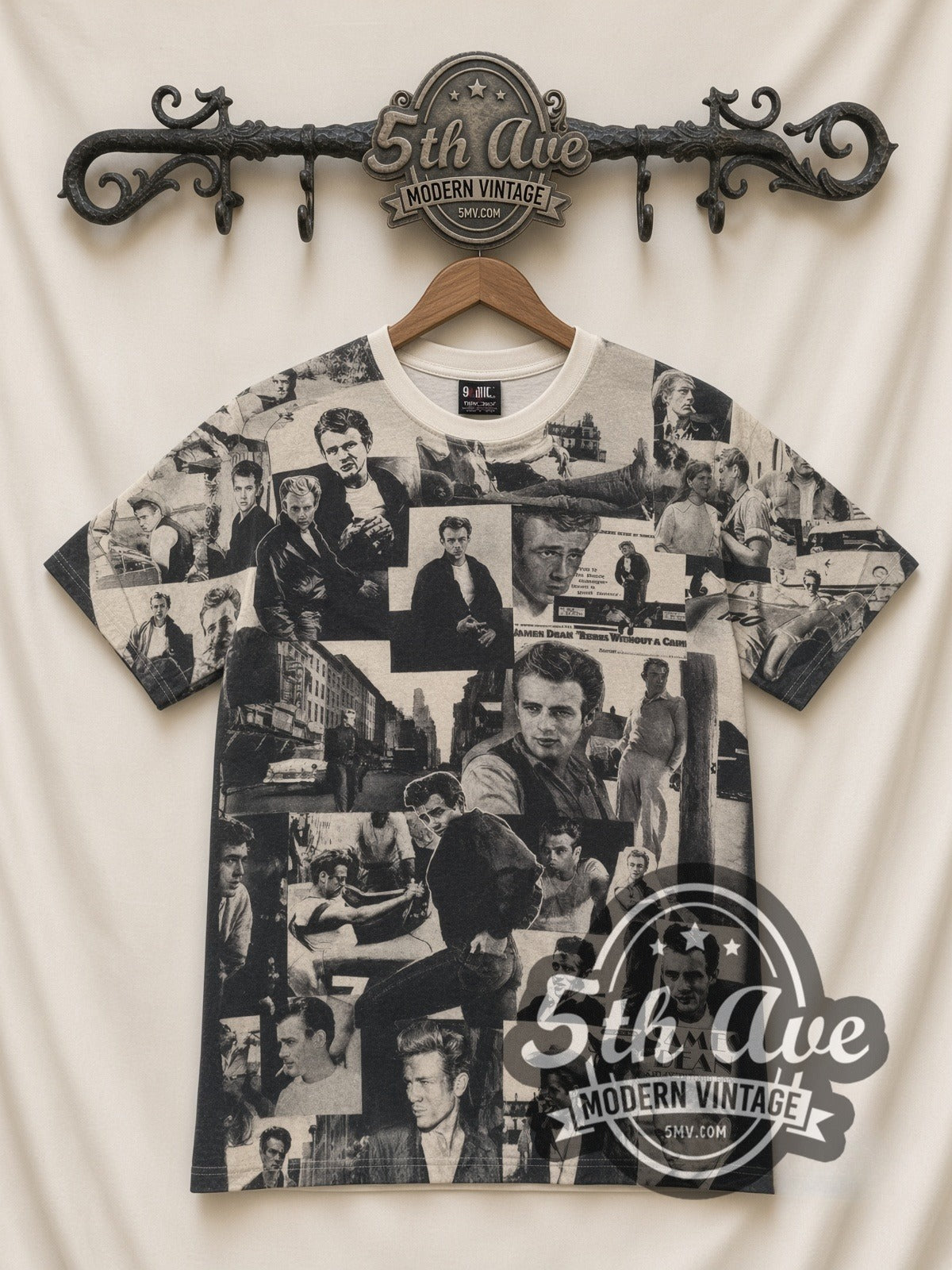 James Dean Portrait Collage Sepia all-over-print vintage graphic tee, front view on a display rack
