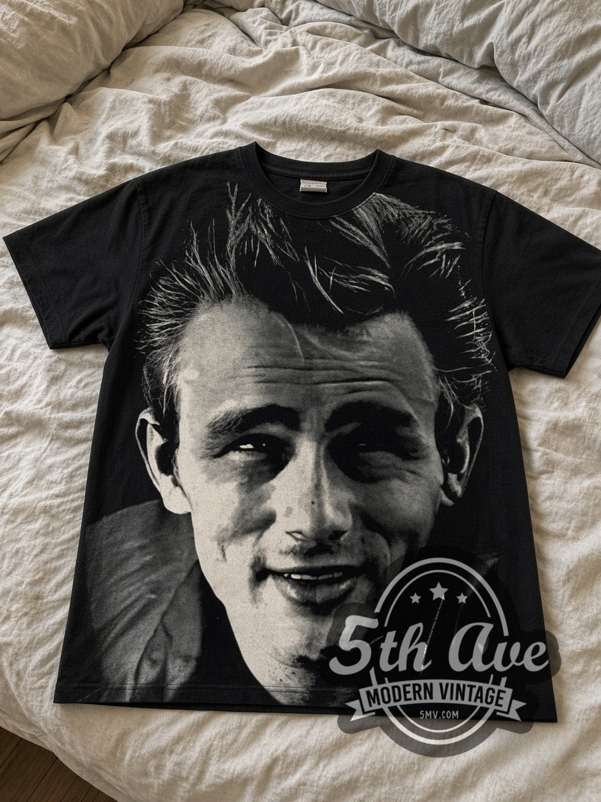 James Dean Smile Portrait all-over-print vintage graphic tee laid flat