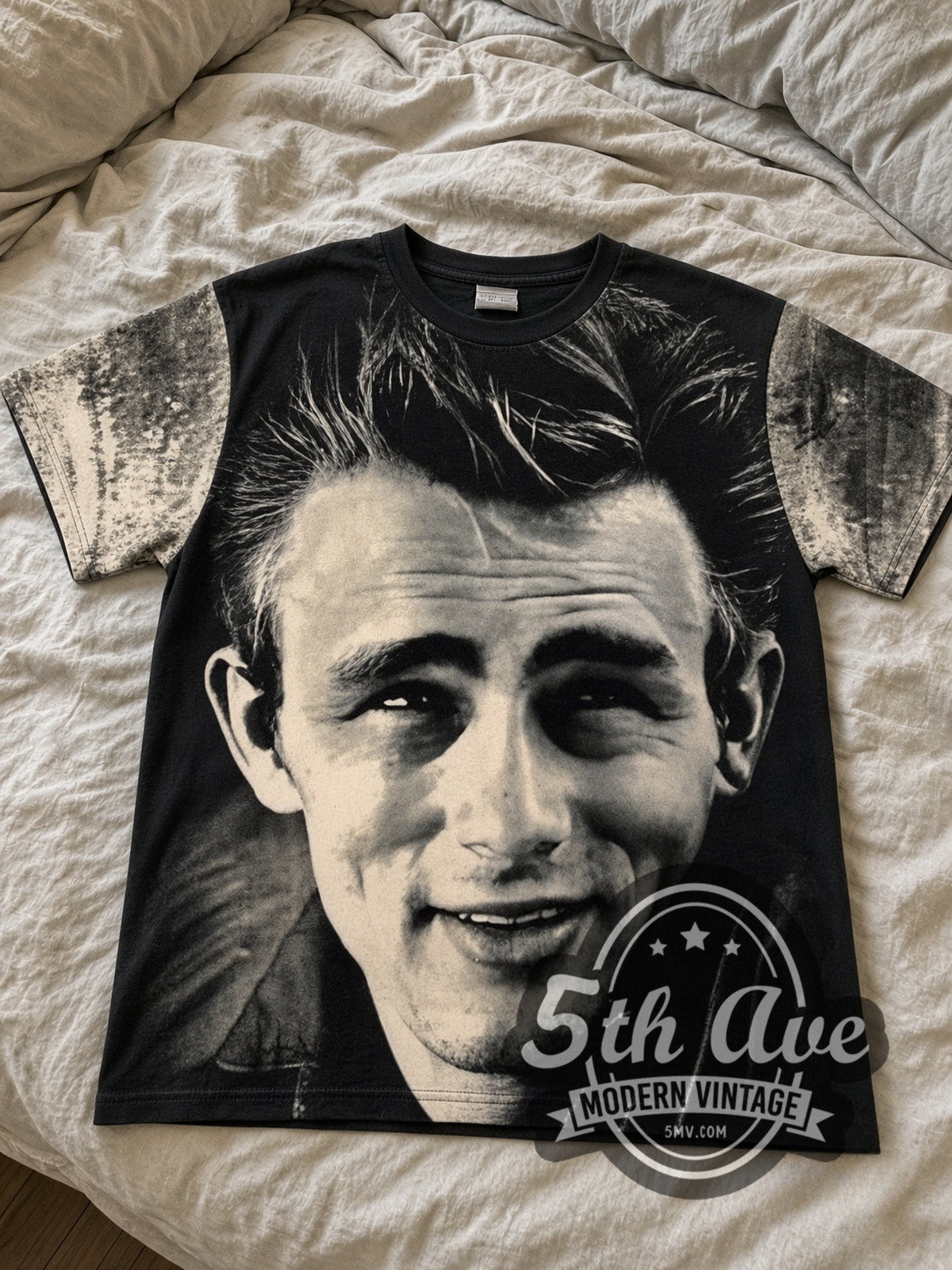 James Dean Smile Portrait Black all-over-print vintage graphic tee laid flat