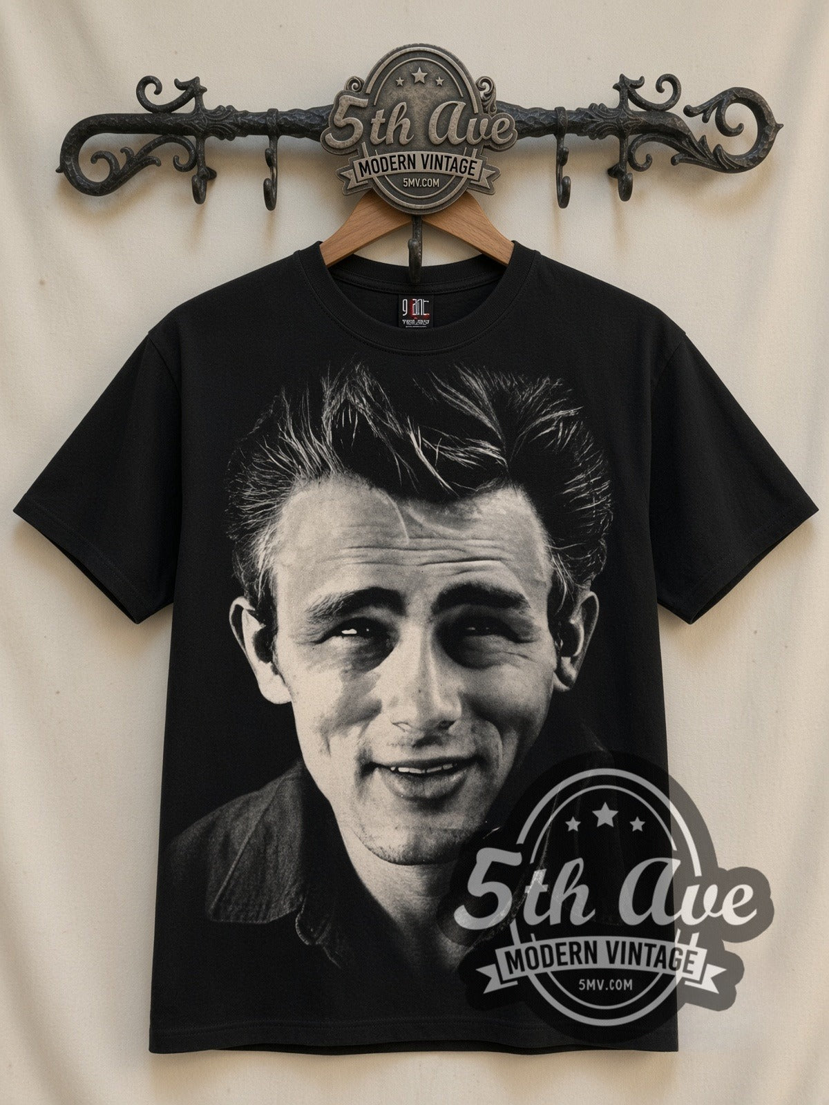 James Dean Smile Portrait all-over-print vintage graphic tee in black, front view on the 5MV rack