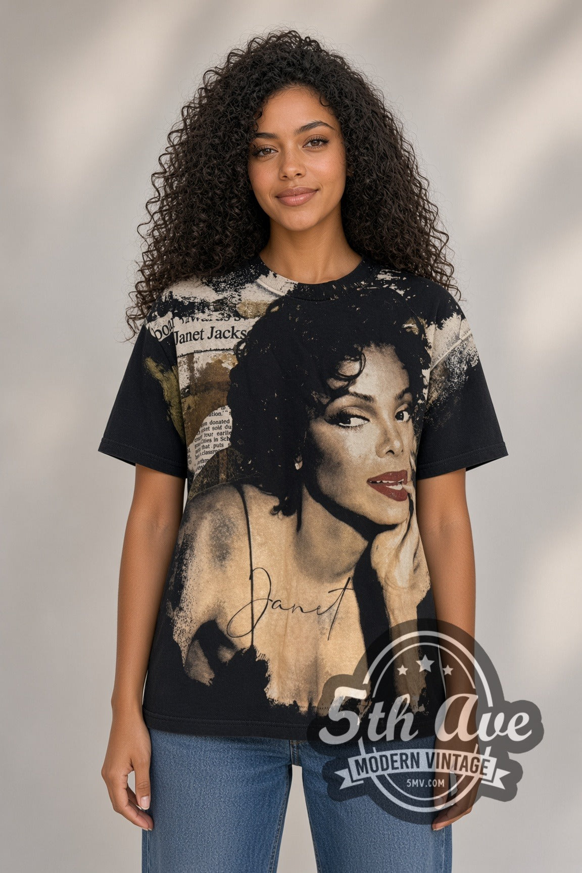 Woman wearing black Janet Jackson vintage all over print t-shirt
