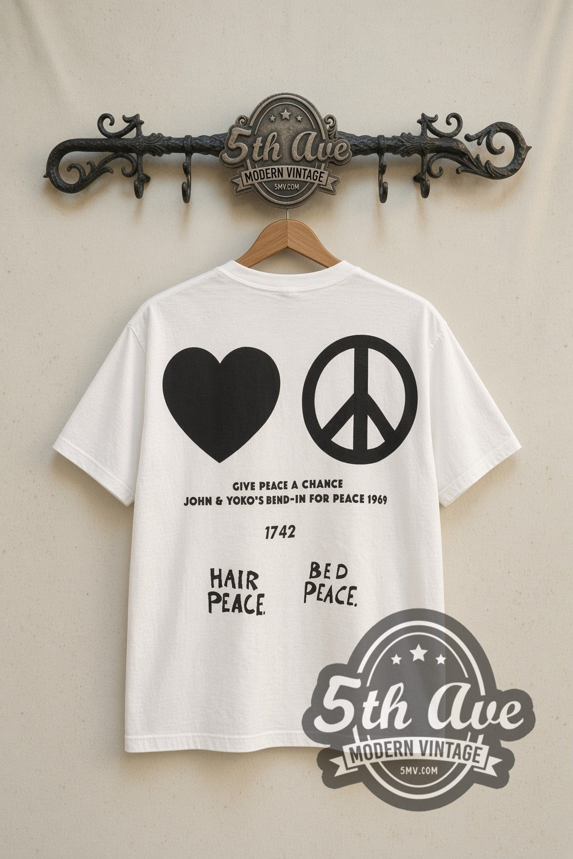 Back print of John and Yoko Bed-In heart peace sign tee on the 5MV rack