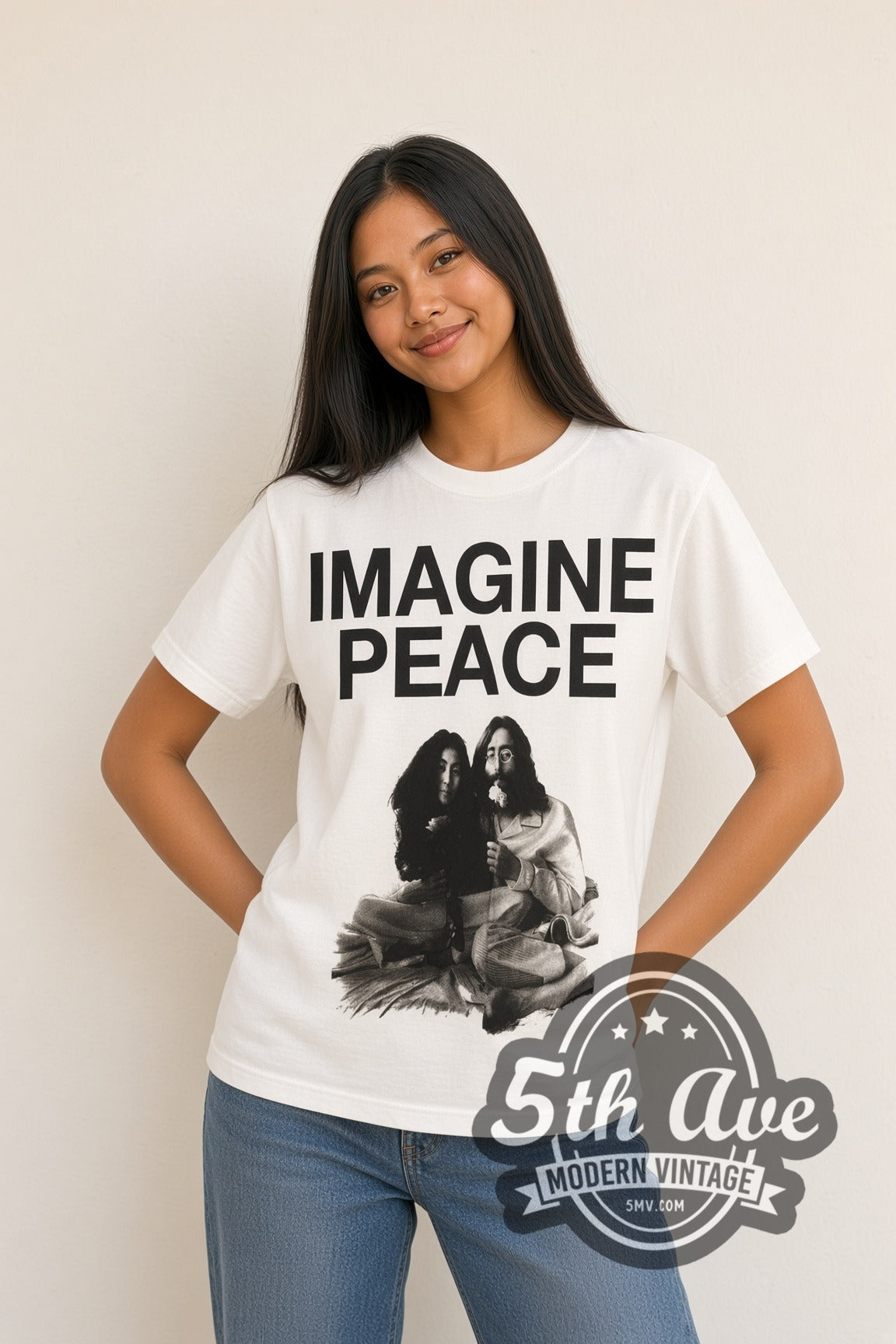 Woman wearing white John Lennon Yoko Ono vintage band t-shirt