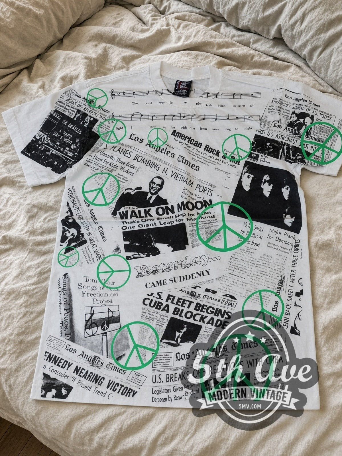 John Lennon War Is Over Newspaper all-over-print vintage graphic tee laid flat