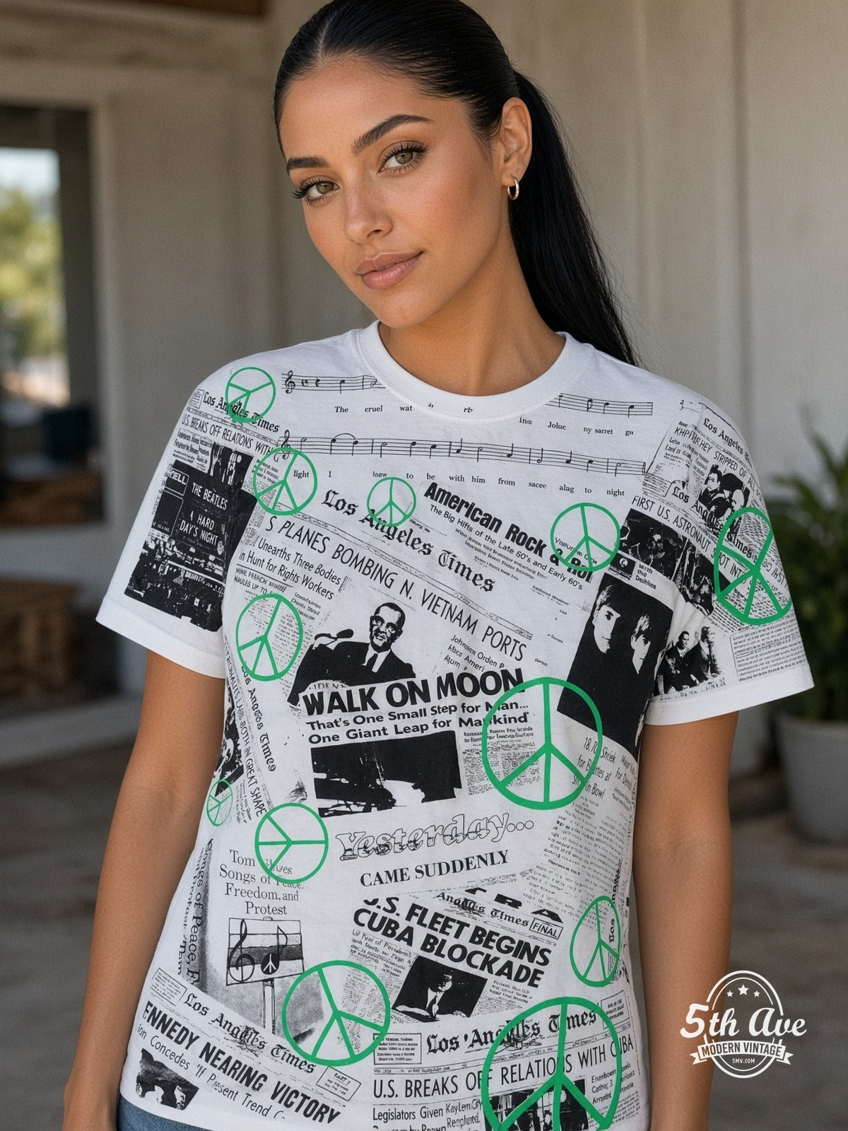 John Lennon War Is Over Newspaper all over print vintage tee model wearing