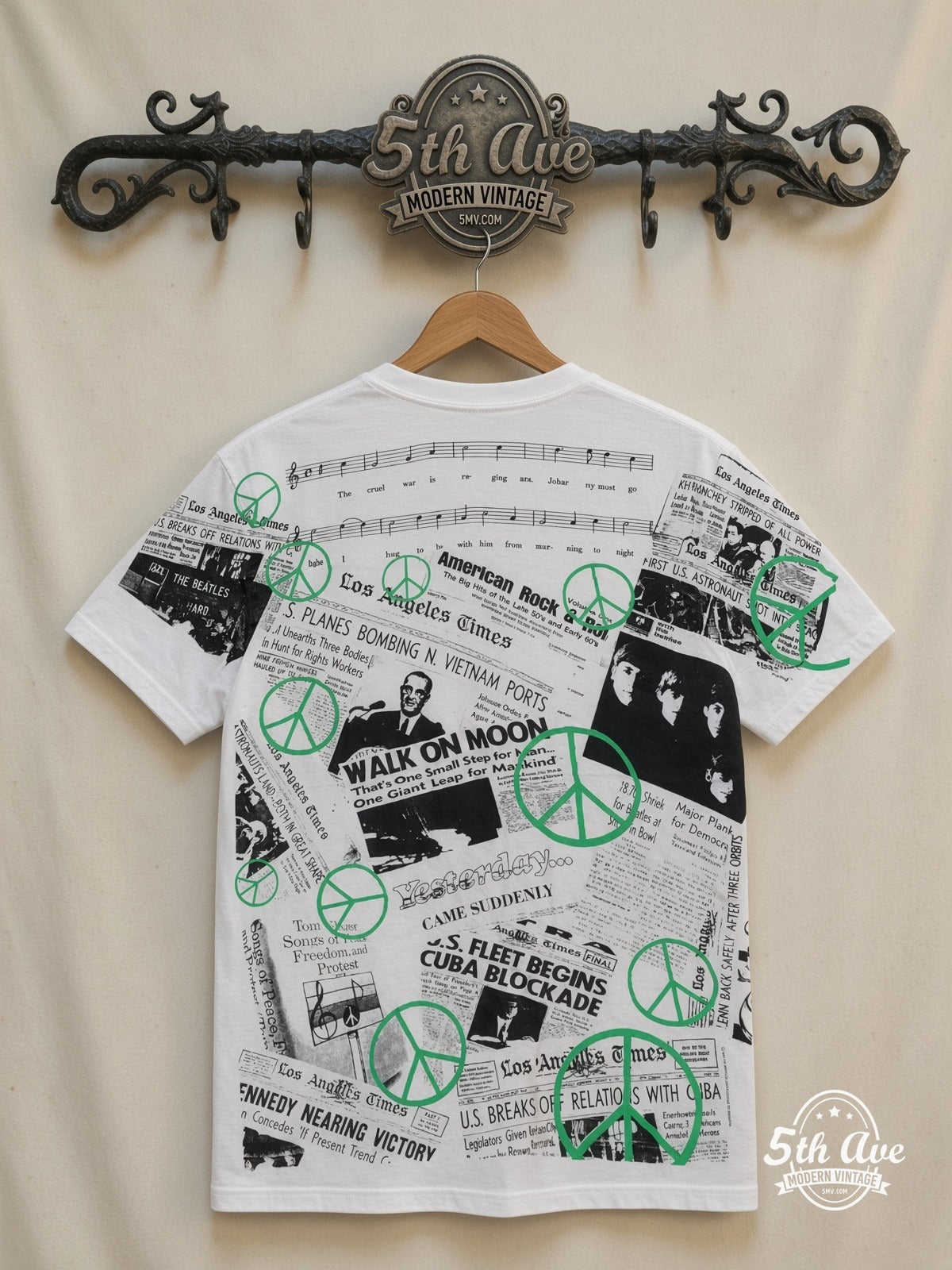 John Lennon War Is Over Newspaper all over print vintage tee back on cream 5th Ave rack
