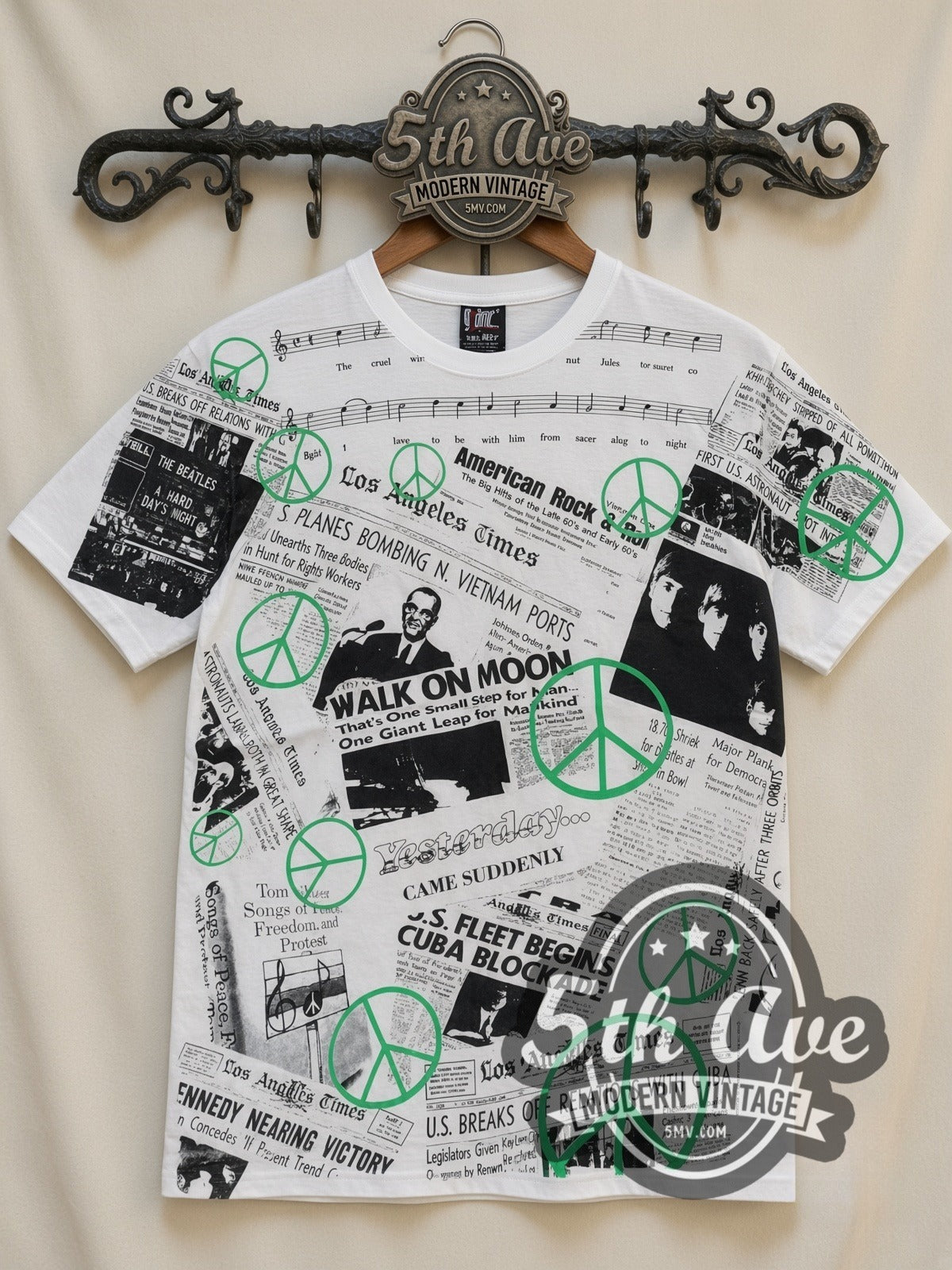 John Lennon War Is Over Newspaper all-over-print graphic tee in white, front view on a display rack