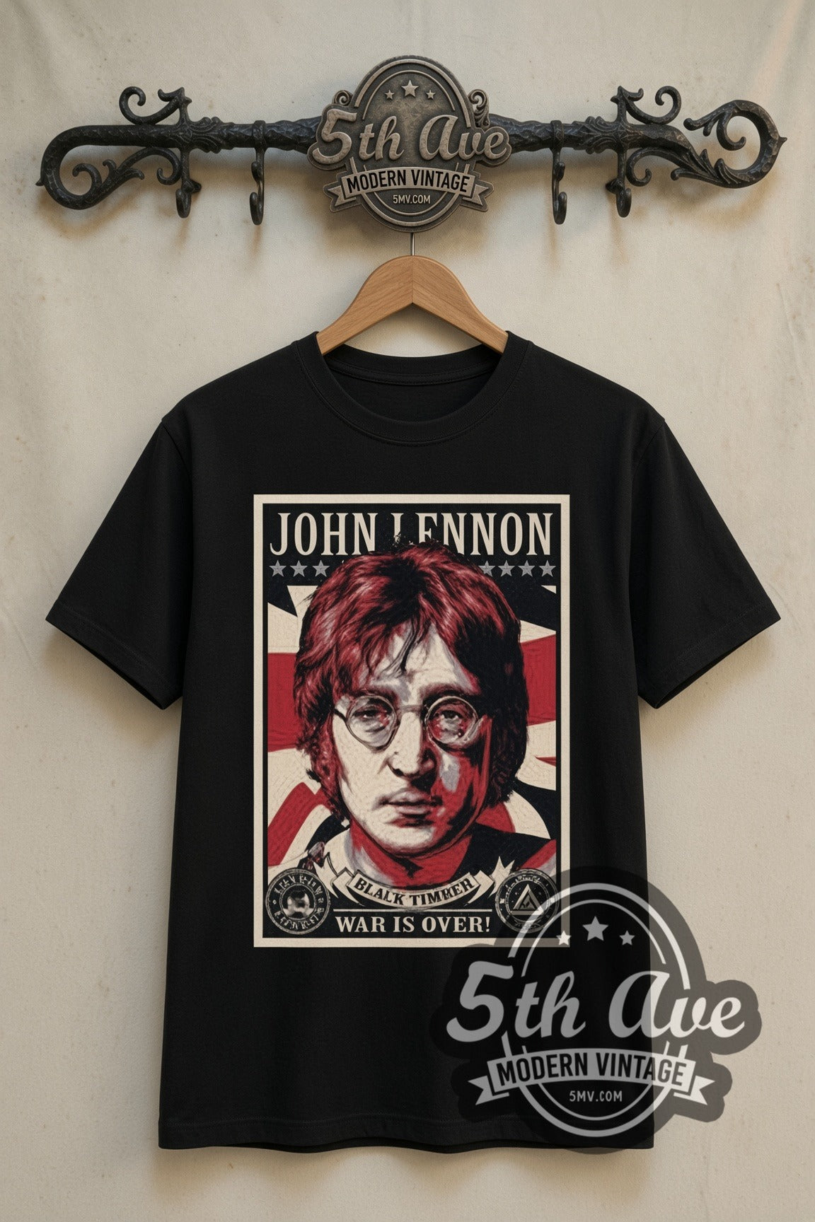 John Lennon War Is Over Portrait double stitched black tee front on dark iron 5th Ave rack