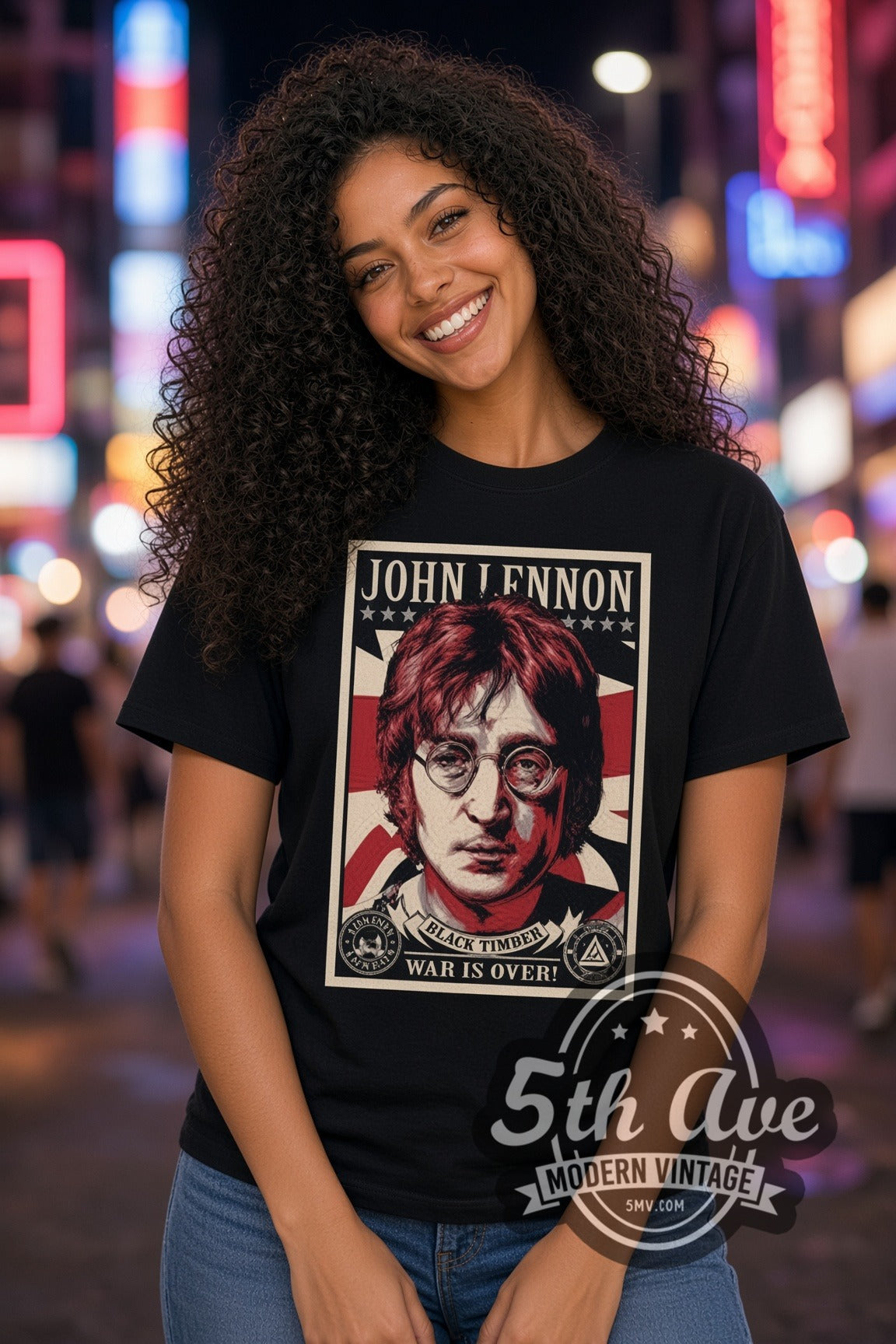 Woman wearing John Lennon War Is Over Portrait double stitched black graphic tee