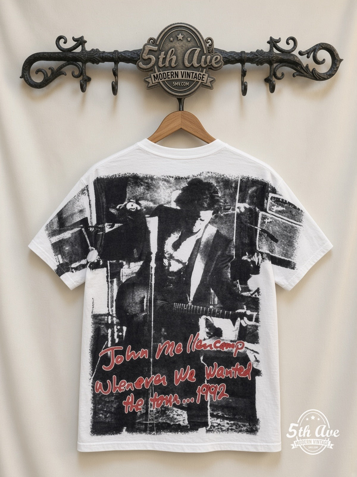 John Mellencamp Whenever We Wanted Tour 1992 White all over print vintage tee back on cream 5th Ave rack