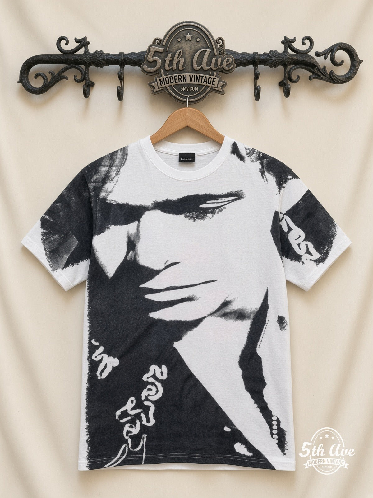 John Mellencamp Whenever We Wanted Tour 1992 White all over print vintage band t-shirt front on cream 5th Ave rack