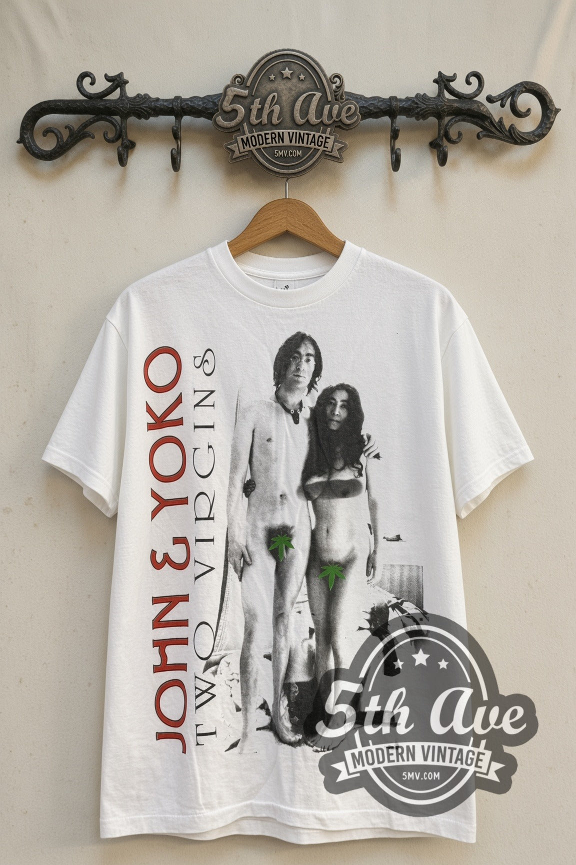 White John & Yoko Two Virgins album cover band t-shirt front on cream 5th Ave rack