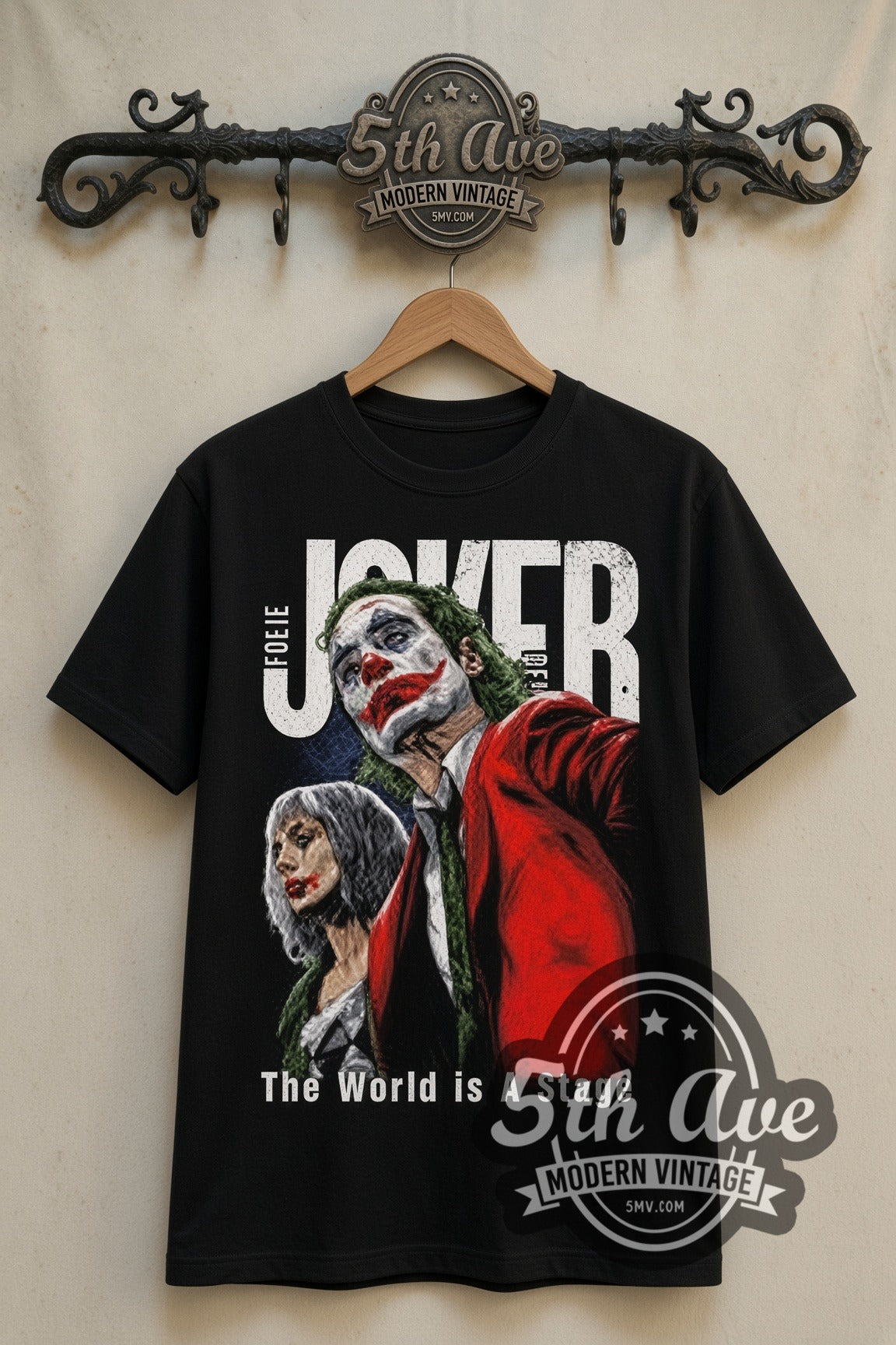Joker Folie a Deux double stitched black tee front on dark iron 5th Ave rack