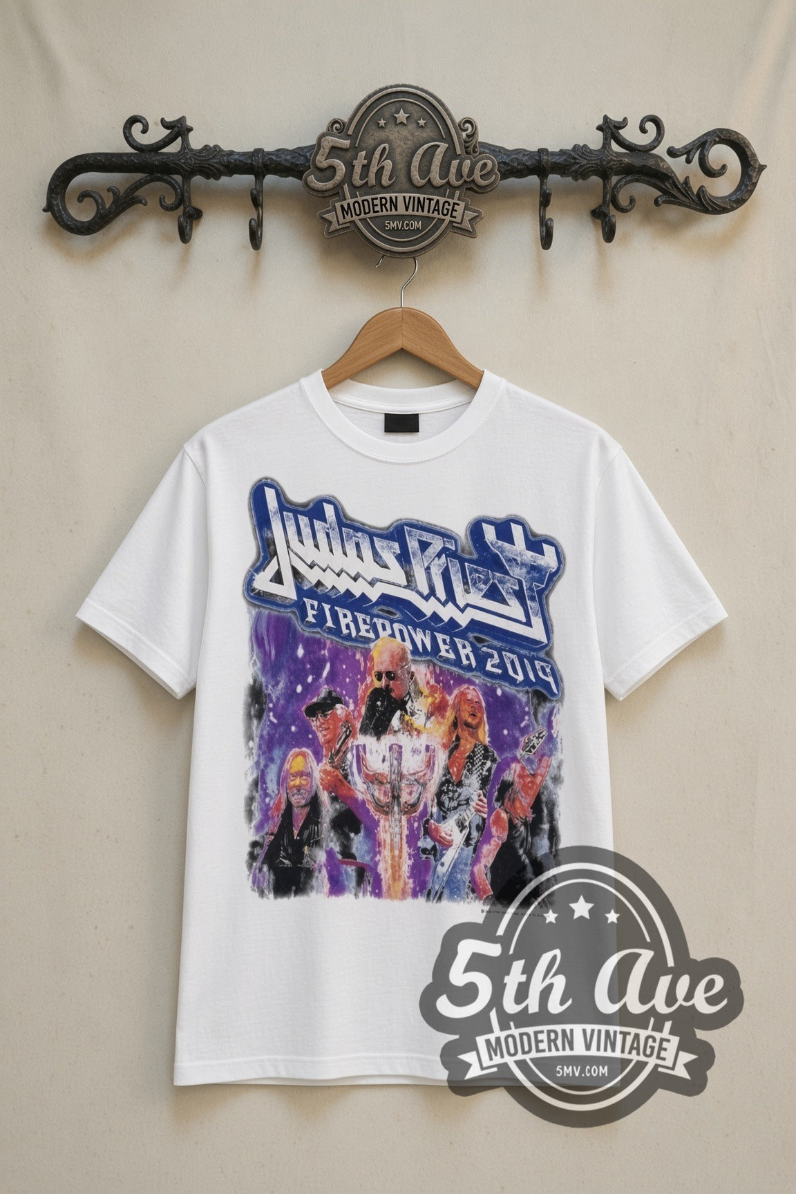 Judas Priest Firepower Metal Fist Tour Dates vintage band t-shirt in white, front view on a display rack