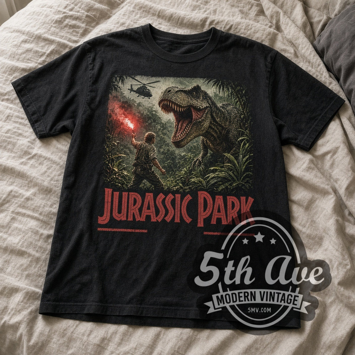 Jurassic Park T-Rex Flare Scene vintage graphic tee laid flat