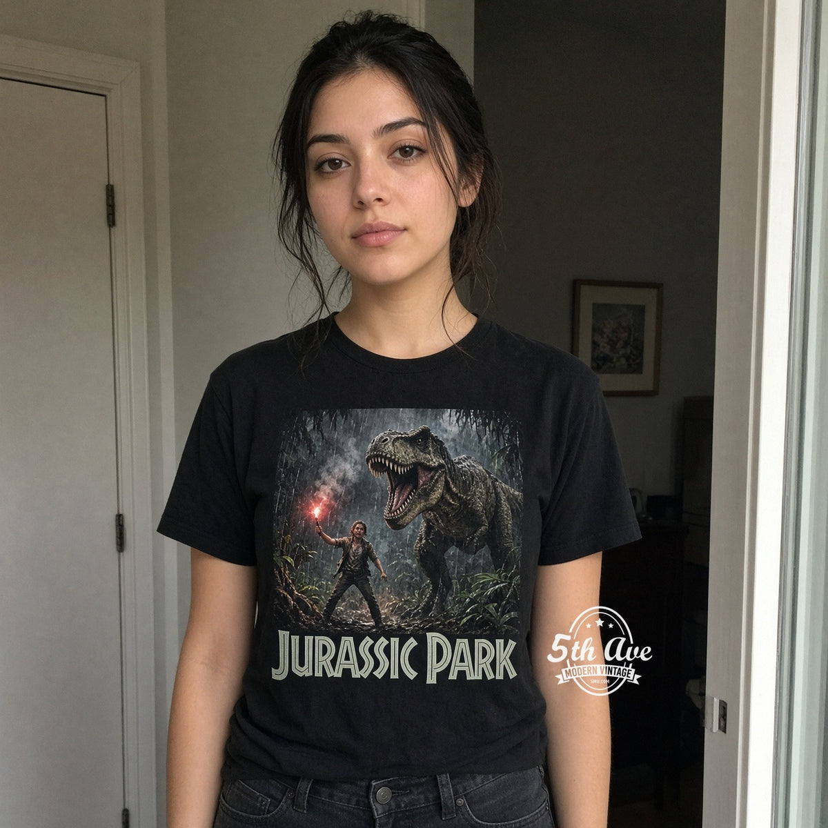 Model wearing Jurassic Park T-Rex flare vintage movie tee