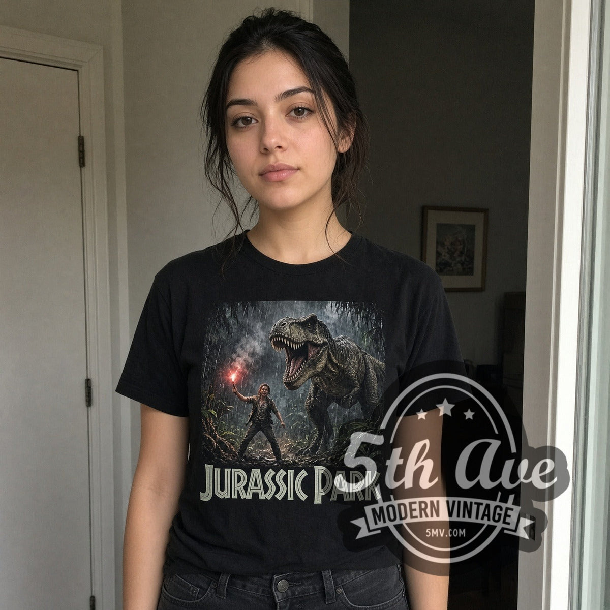 Model wearing the Jurassic Park T-Rex Flare Scene vintage graphic t-shirt