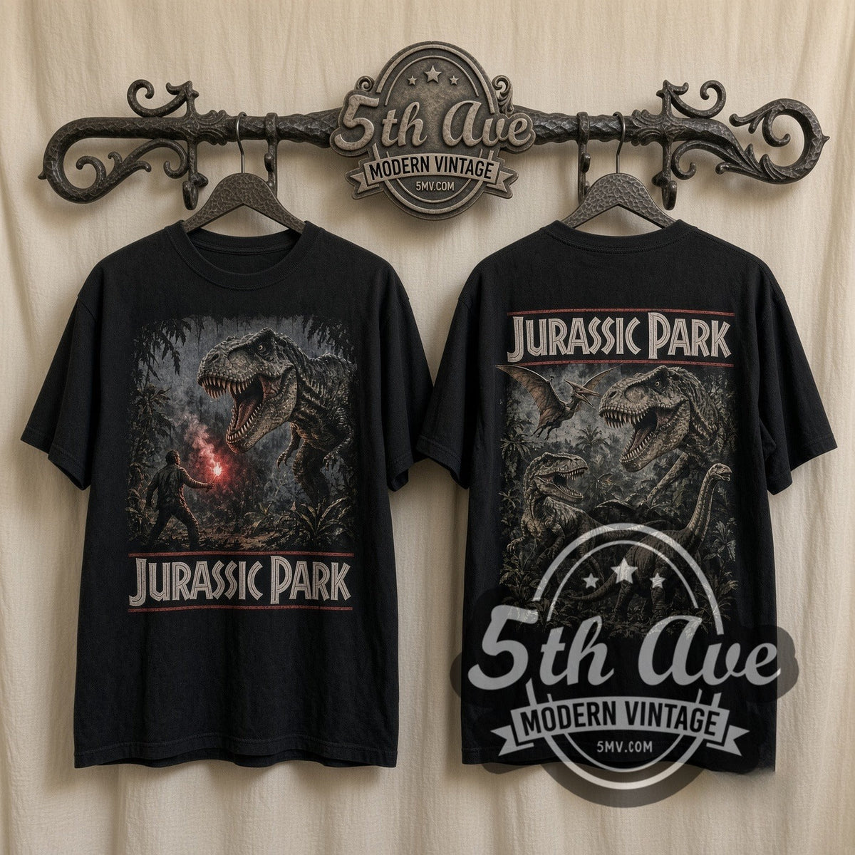Jurassic Park T-Rex Flare Scene vintage graphic t-shirt, front view on a display rack