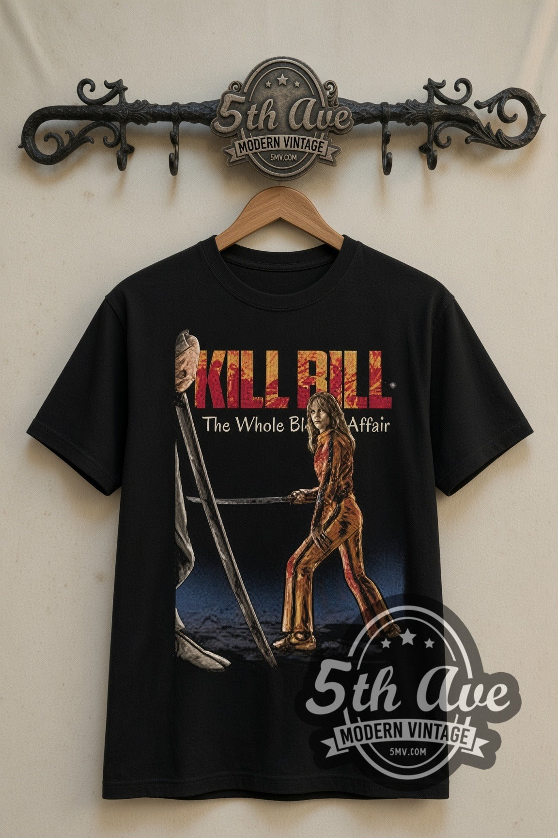 Kill Bill The Bride with Katana Whole Bloody Affair double stitched black tee front on dark iron 5th Ave rack
