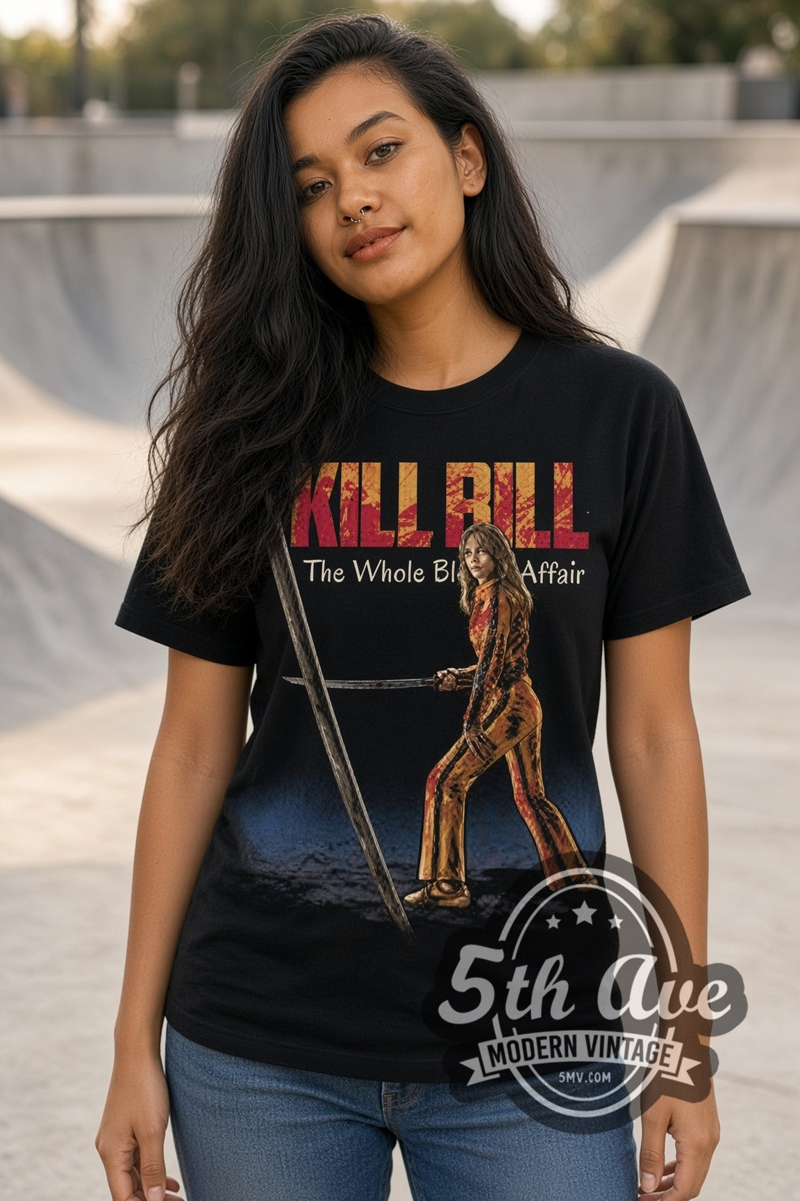 Woman wearing Kill Bill The Bride with Katana Whole Bloody Affair double stitched black graphic tee