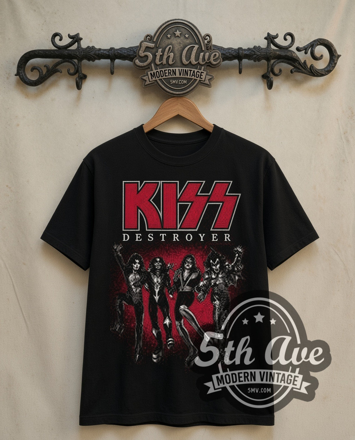 KISS Destroyer Band Lineup double stitched black tee front on dark iron 5th Ave rack