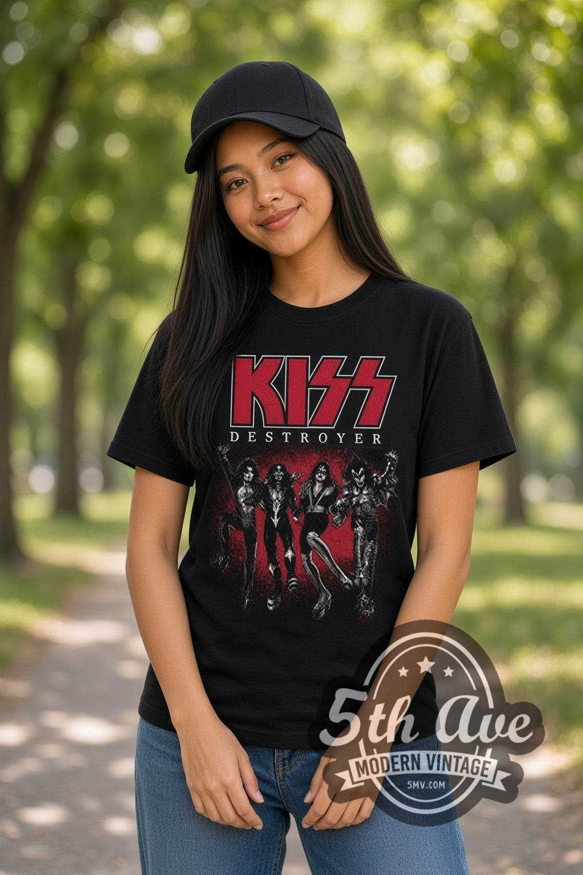 Woman wearing KISS Destroyer Band Lineup double stitched black graphic tee