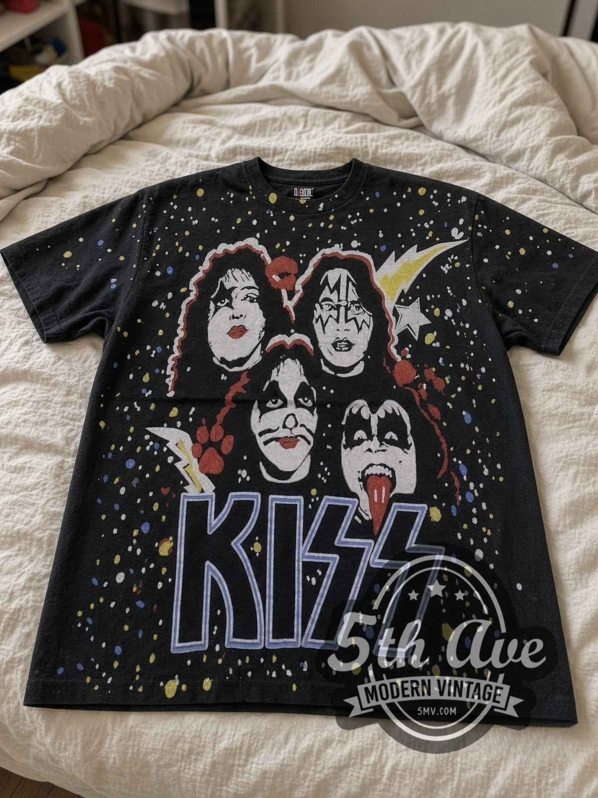 KISS Galaxy Faces all-over-print vintage band tee laid flat