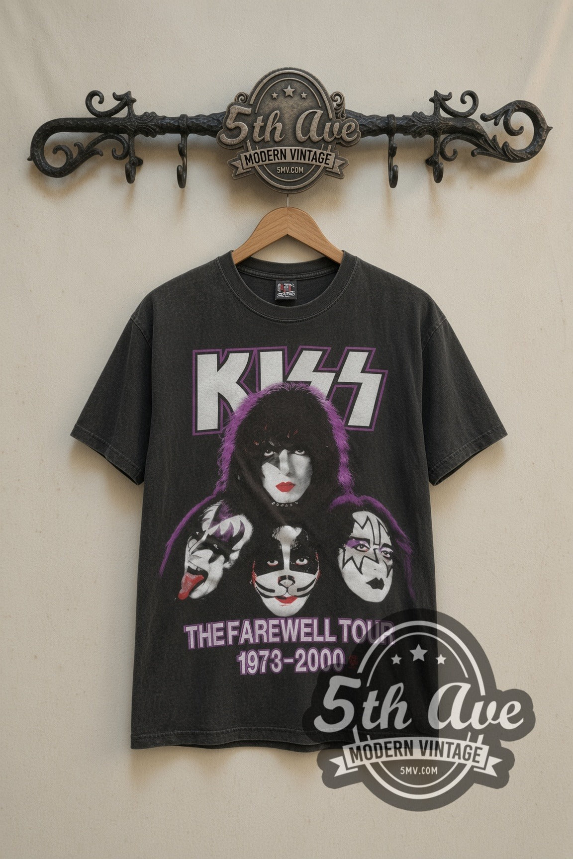 KISS Legends Never Die Farewell Tour vintage band t-shirt in black, front view on a display rack