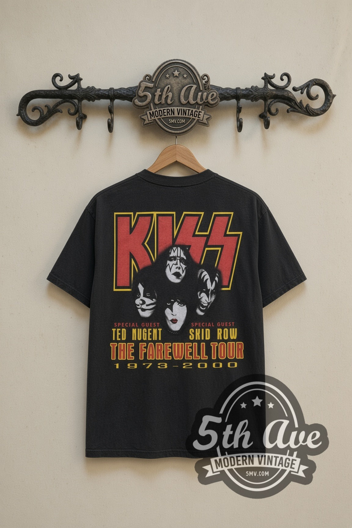 KISS Sonic Boom & Farewell Tour Faces band t-shirt in black, back view on a display rack