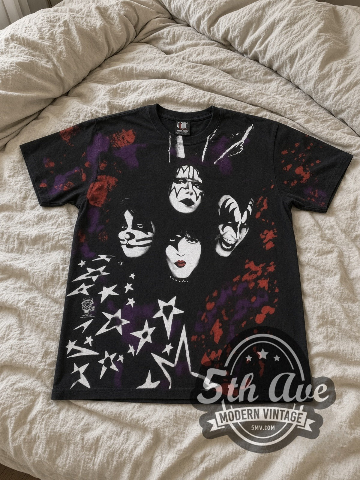 KISS Starfield Faces all-over-print vintage band tee laid flat