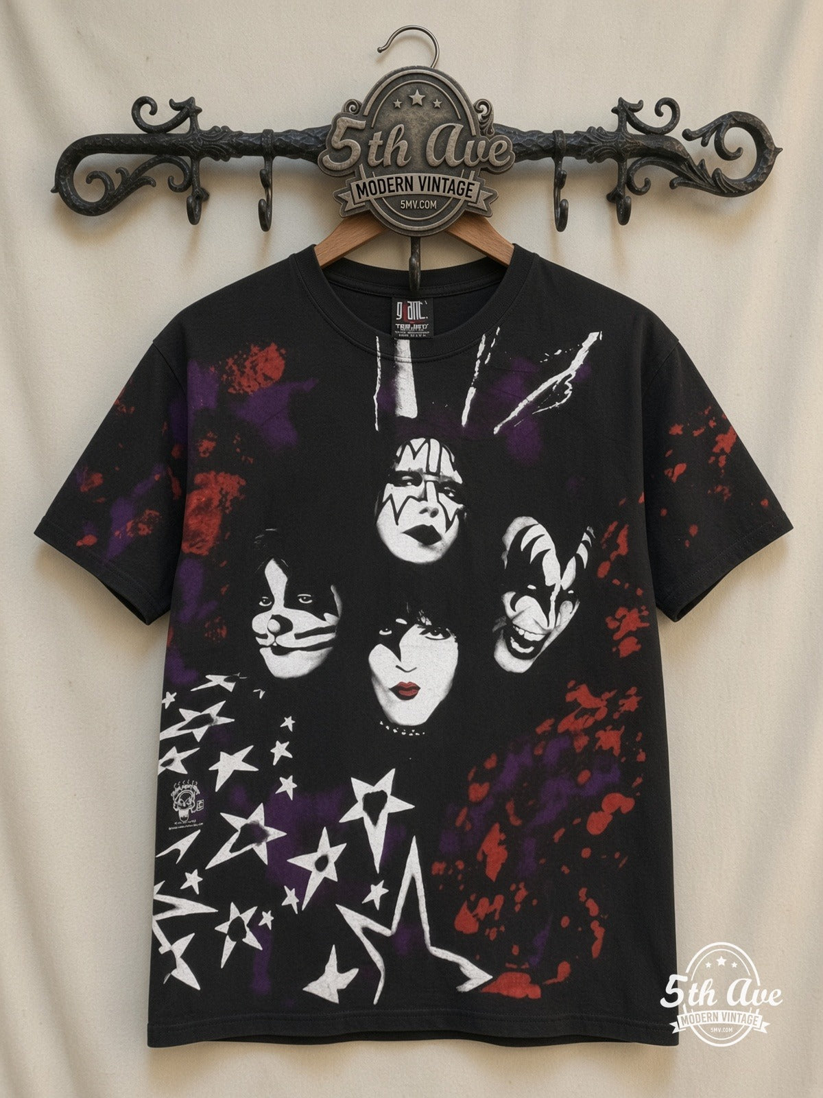 KISS Starfield Faces all over print vintage band t-shirt front on cream 5th Ave rack