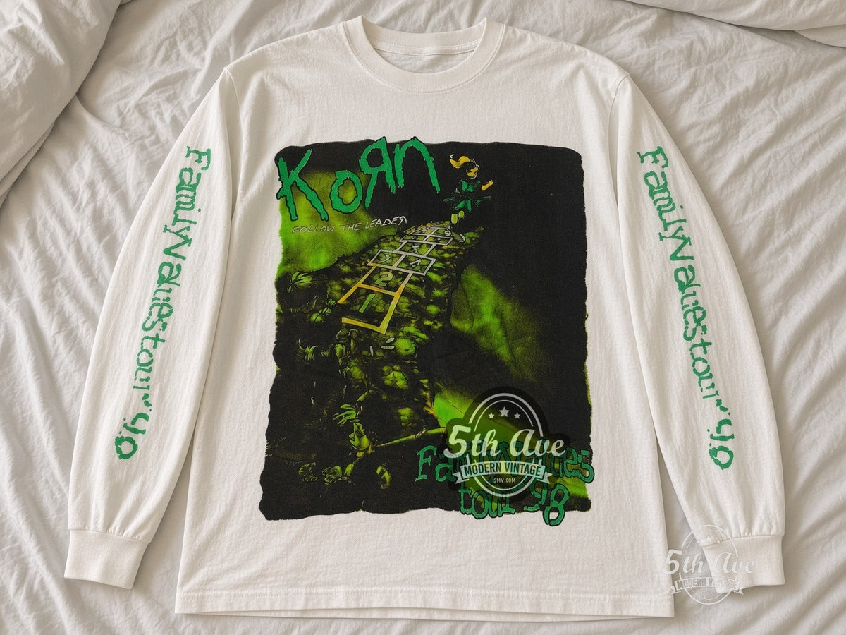 Korn Follow the Leader Family Values Tour 98 vintage band long sleeve tee laid flat