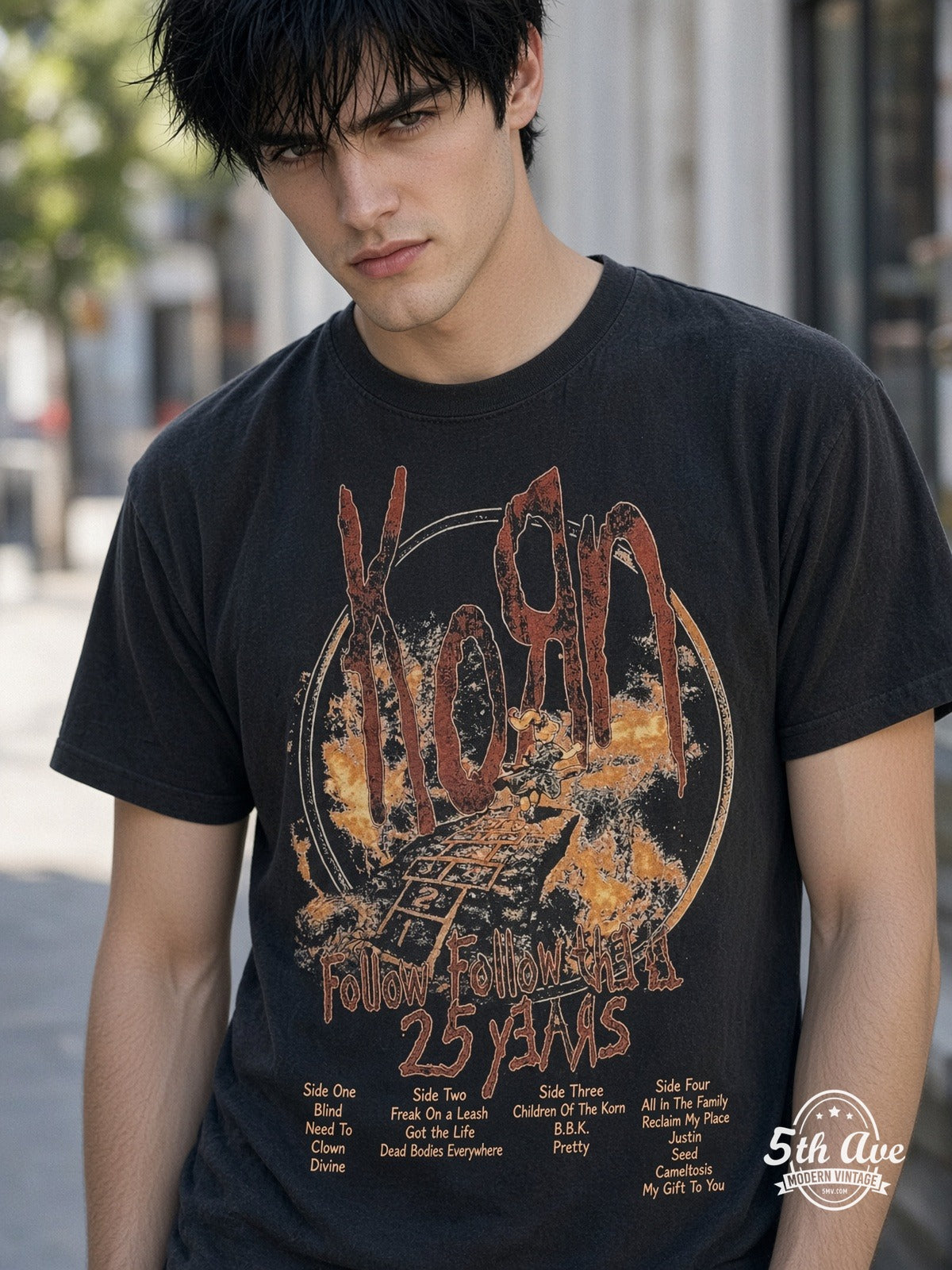 Model wearing Korn Follow the Leader 25 Years vintage t-shirt