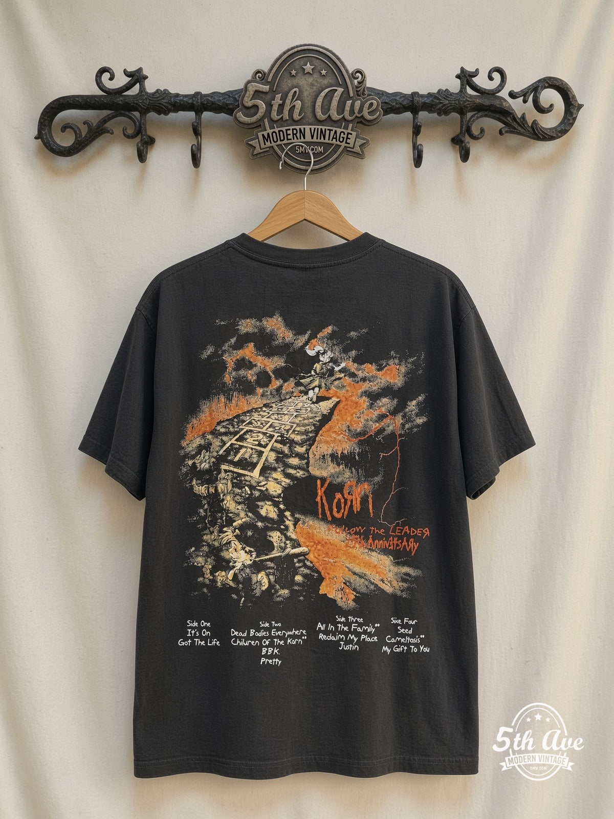 Korn Follow the Leader 25 Years vintage t-shirt back on rack
