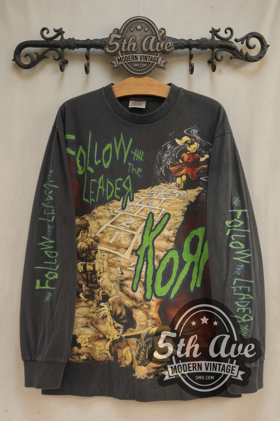 Korn Follow the Leader Hopscotch and Band Photo Long Sleeve vintage band t-shirt front on cream 5th Ave rack