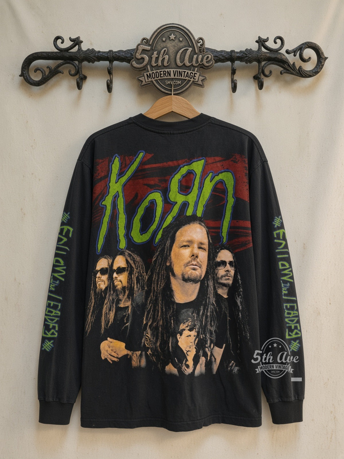 Korn Follow the Leader Hopscotch and Band Photo Long Sleeve vintage band t-shirt back on cream 5th Ave rack